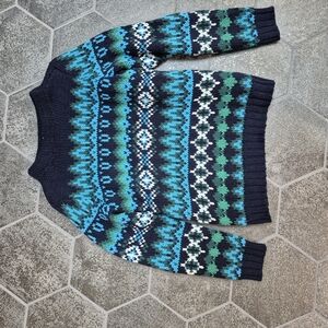 Talbots Navy Crewneck Sweater with Teal, Green & White Fair Isle Pattern